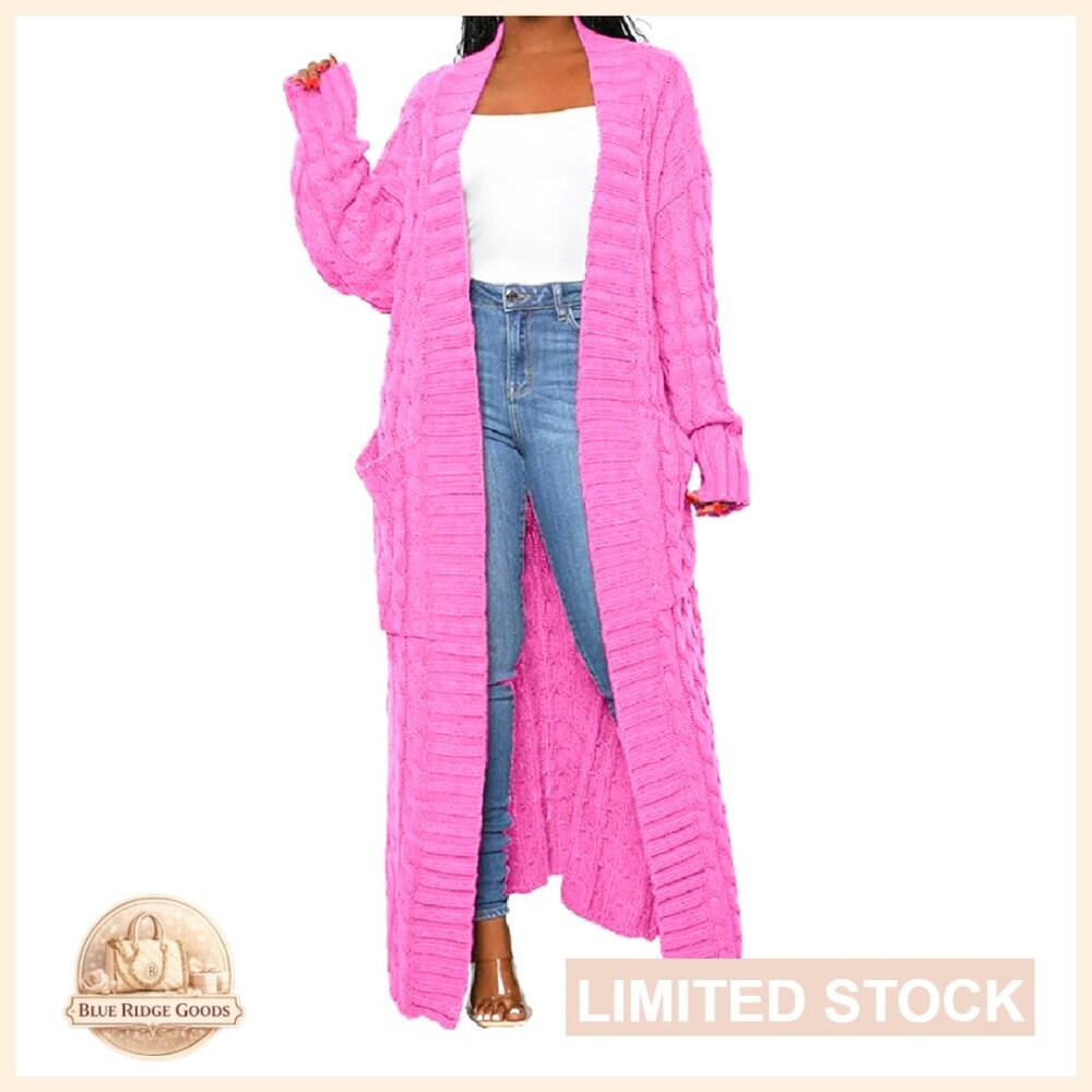 Thin Type Cable Knit Cardigan with Pockets, Extra Long Ankle Length Sweater
